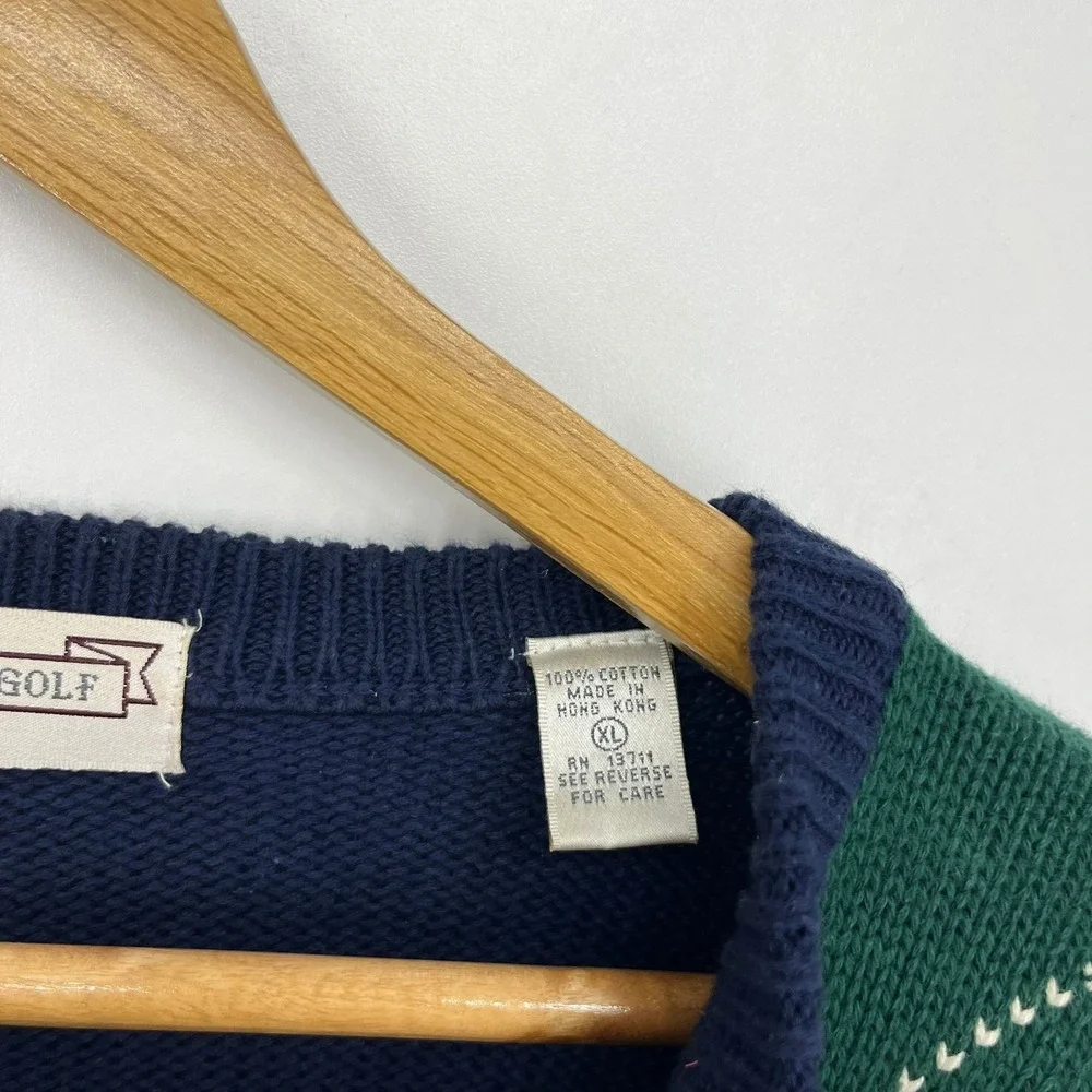 John Ashford Golf Mens XL Argyle Cotton Knit Sweater Navy Green Golf Bag Logo